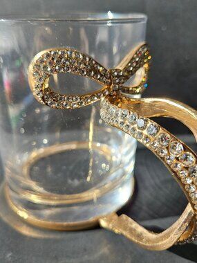 Coquette-inspired glass mug, gold-toned bow-shaped handle w/ rhinestones